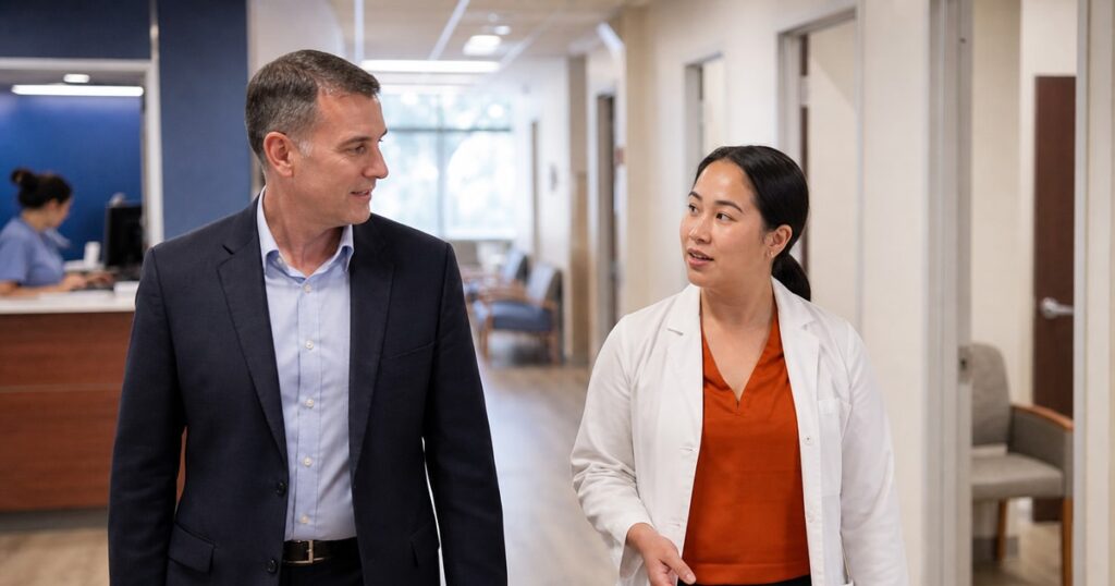 A clinical director and a nurse practitioner in a white lab coat talk as they walk down a bright outpatient clinic corridor · i4 Search Group