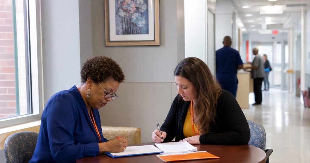 Two recruiters review candidate profiles at a small table in a hospital corridor during a quiet afternoon, one leaning forward to examine notes while the other listens and makes notes on their own pad. · i4 Search Group